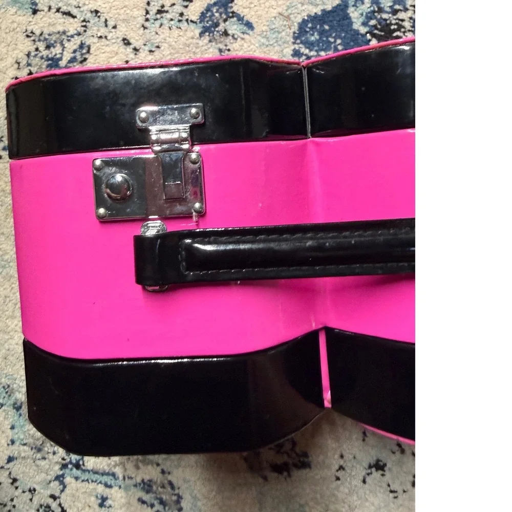 Vintage Pink Black Heart Shaped Makeup Train Case Vanity Mirror Box Y2K Storage
